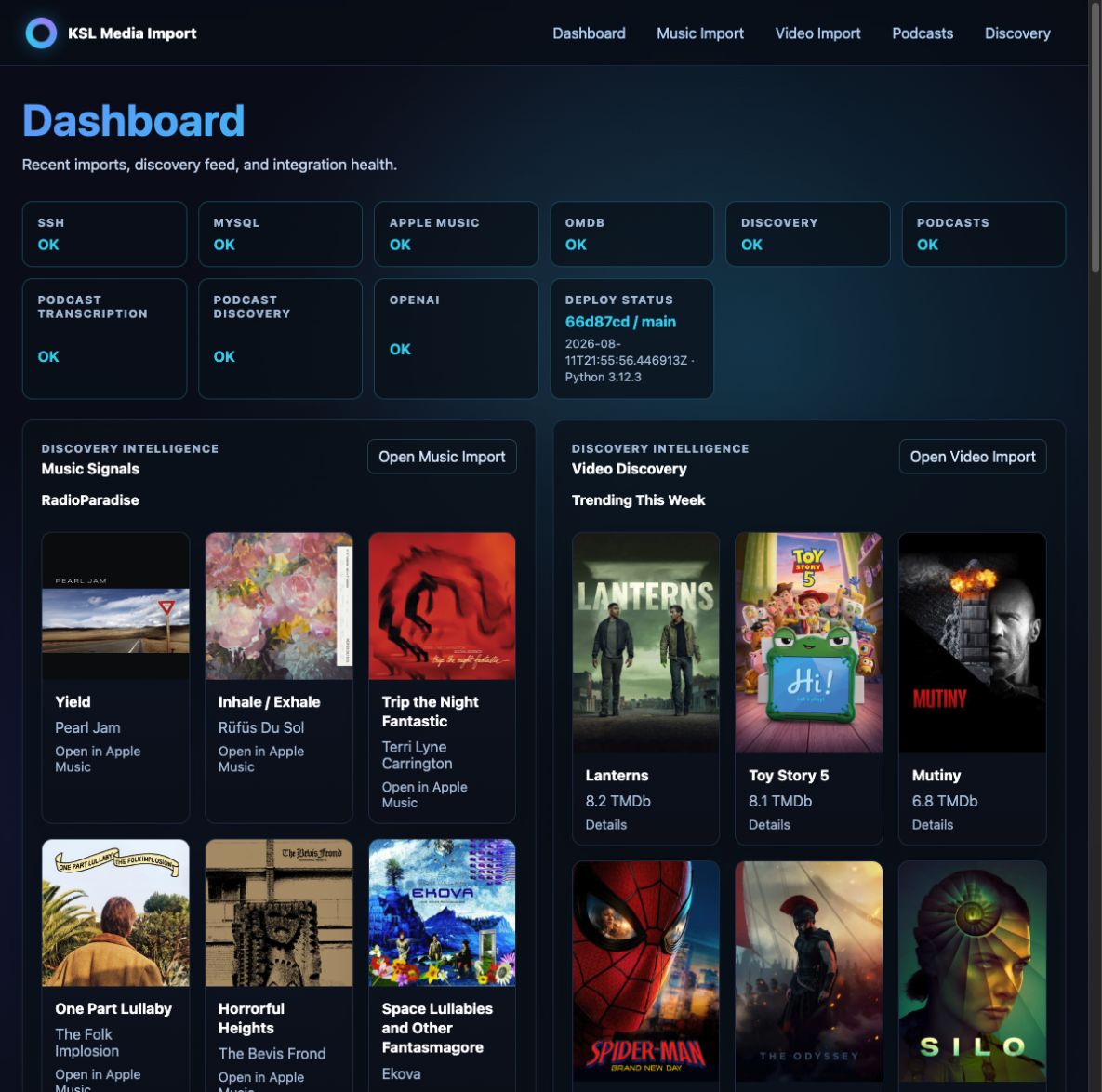 KSL Media discovery dashboard with music and video recommendations.