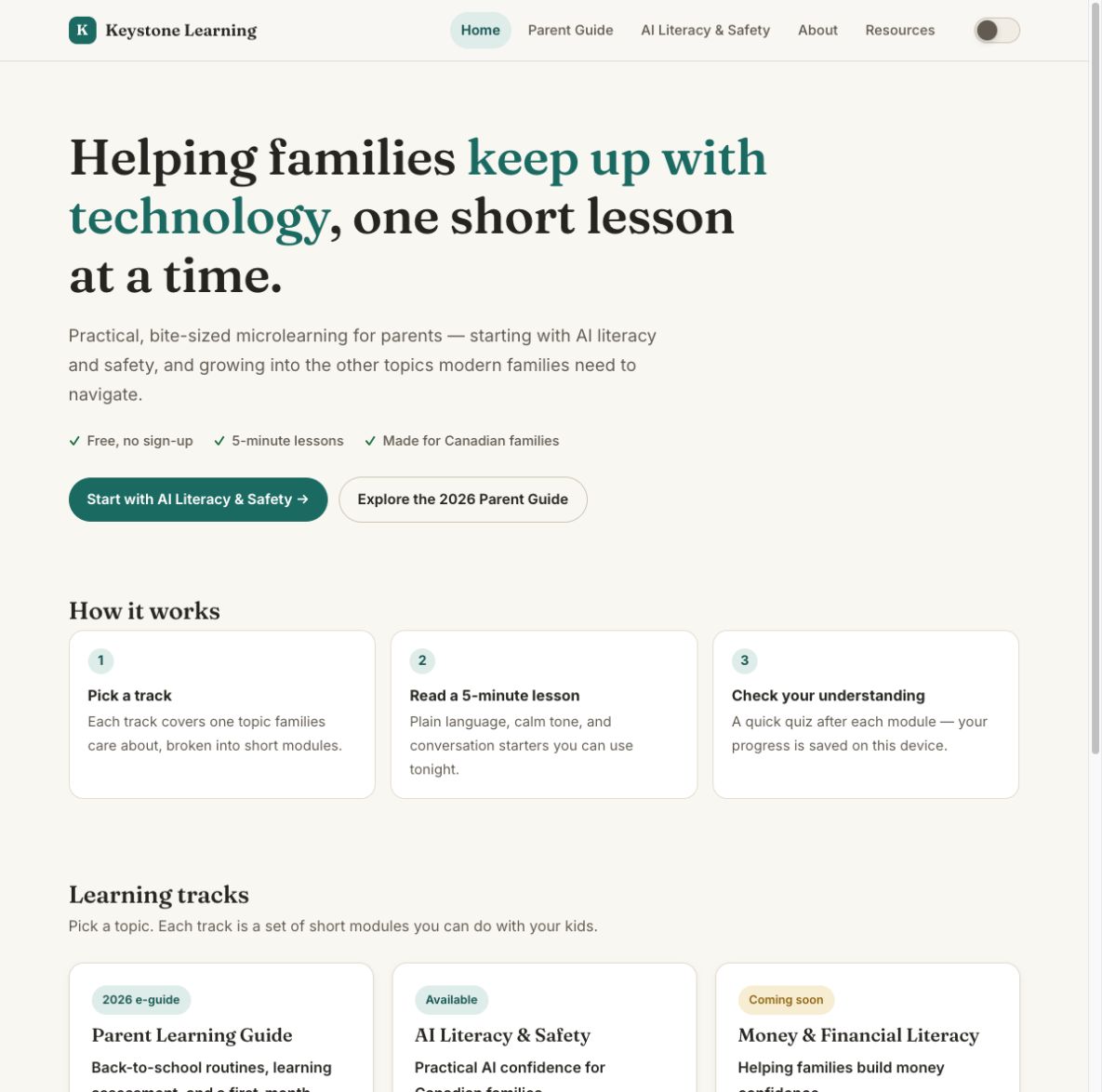 Keystone Learning microlearning homepage for families.