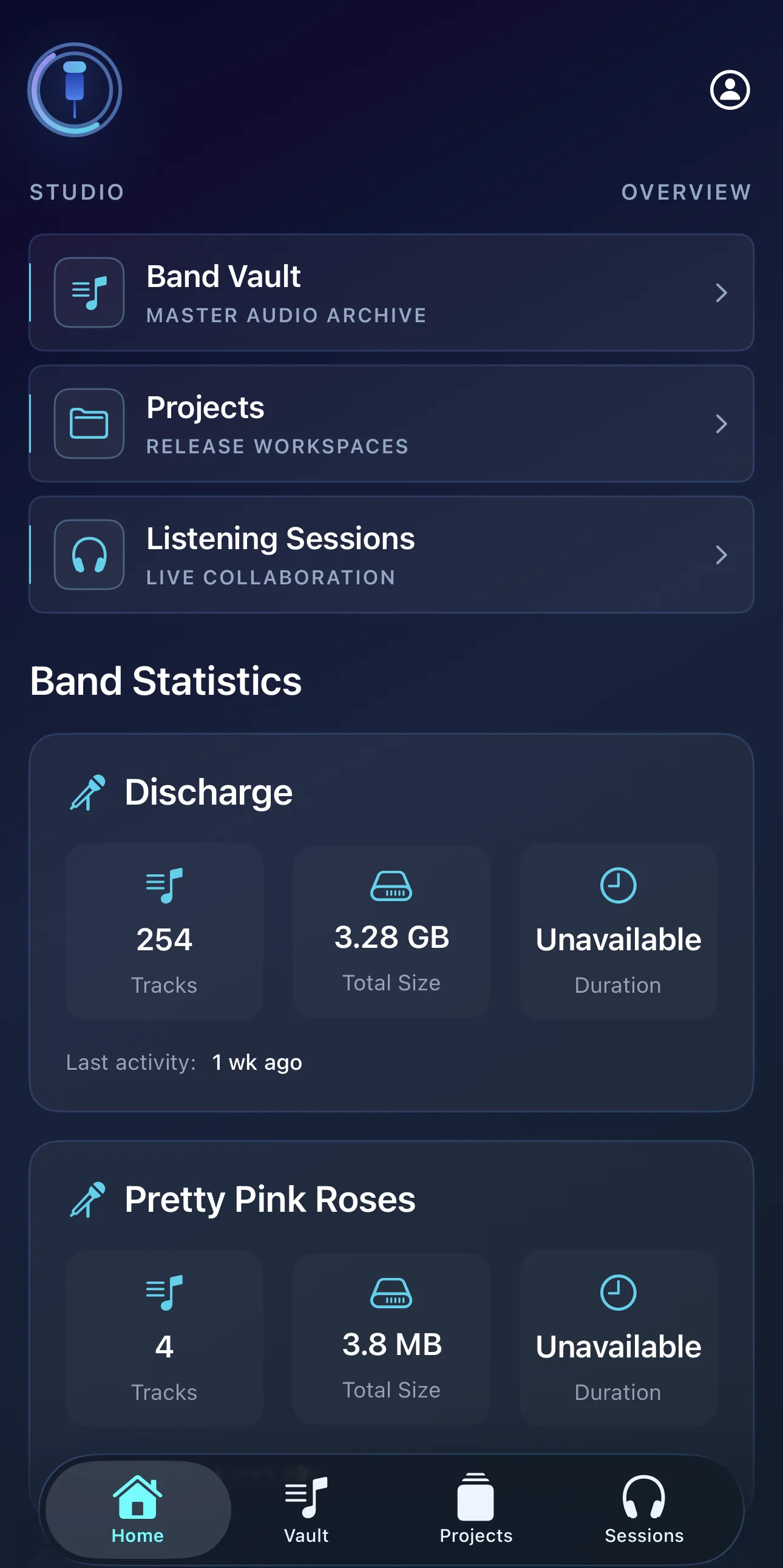 StudioSphere iOS interface showing band vault, projects, and listening sessions.